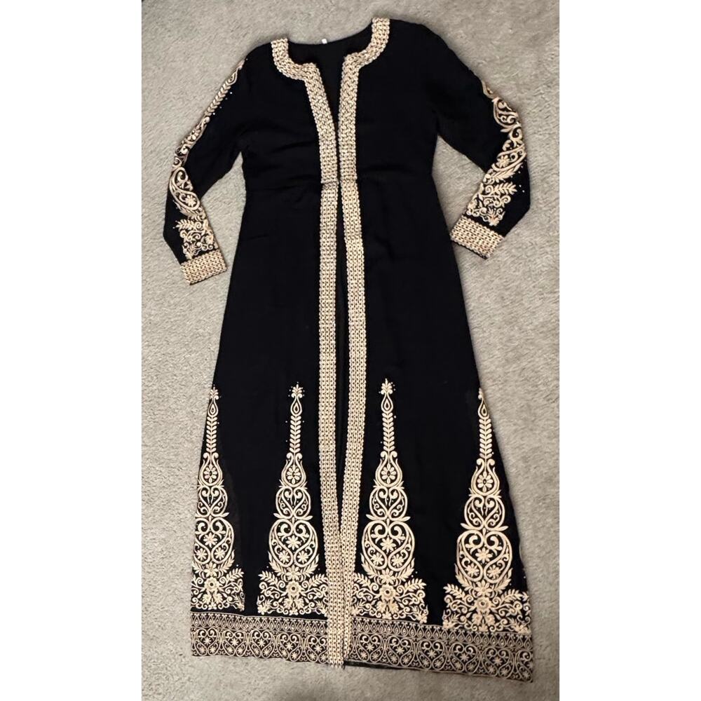 Luxury Black Gold Embroidered Kaftan Maxi Dress Rhinestone Crystal Formal Small